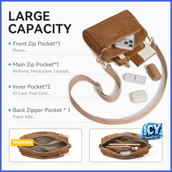 Triple Zip Vegan Leather Crossbody Purse with Guitar Strap - Picture 5 of 7